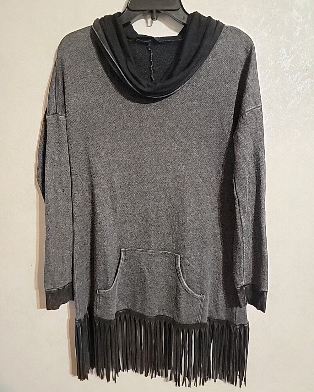 T Party Oversized Pocket Front Fringe Top Cowl Neck Charcoal Gray sz Small